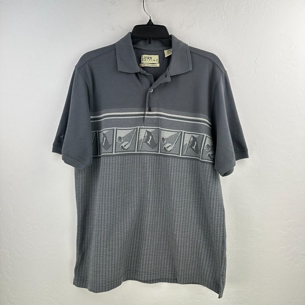 Vintage Links Edition Golf Polo Mens M Gray Knit Panel Tee Flag‎ Pin Ball